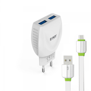 Мрежово зарядно устройство EMY / 220-240V / 2.4A / Универсално / 2 x USB / Micro USB кабел