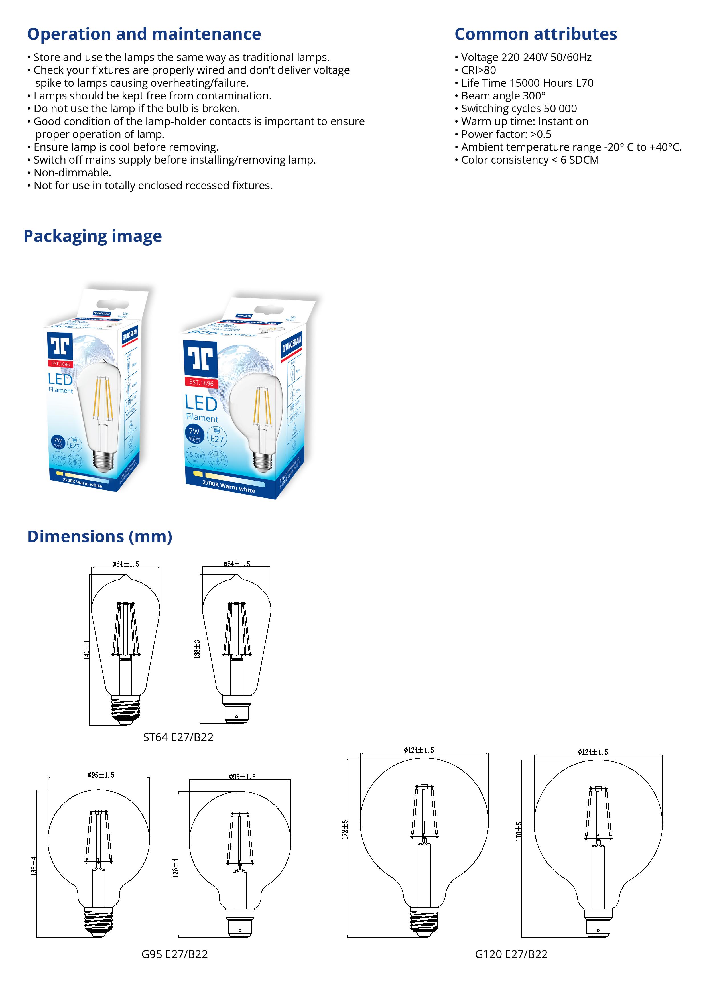 LED лампа Tungsram Filament globes - глобус G95 7 W(60W) E27-300° 2700 K - прозрачен - Image 2