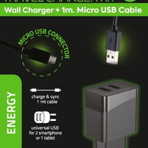 Зарядно устройство 100-240V - 2.4А  в комплект с 1m делим кабел USB към Micro USB-B