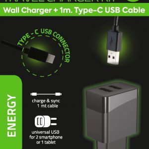 Зарядно устройство 100-240V - 2.4А  в комплект с 1m делим кабел USB към TYPE C